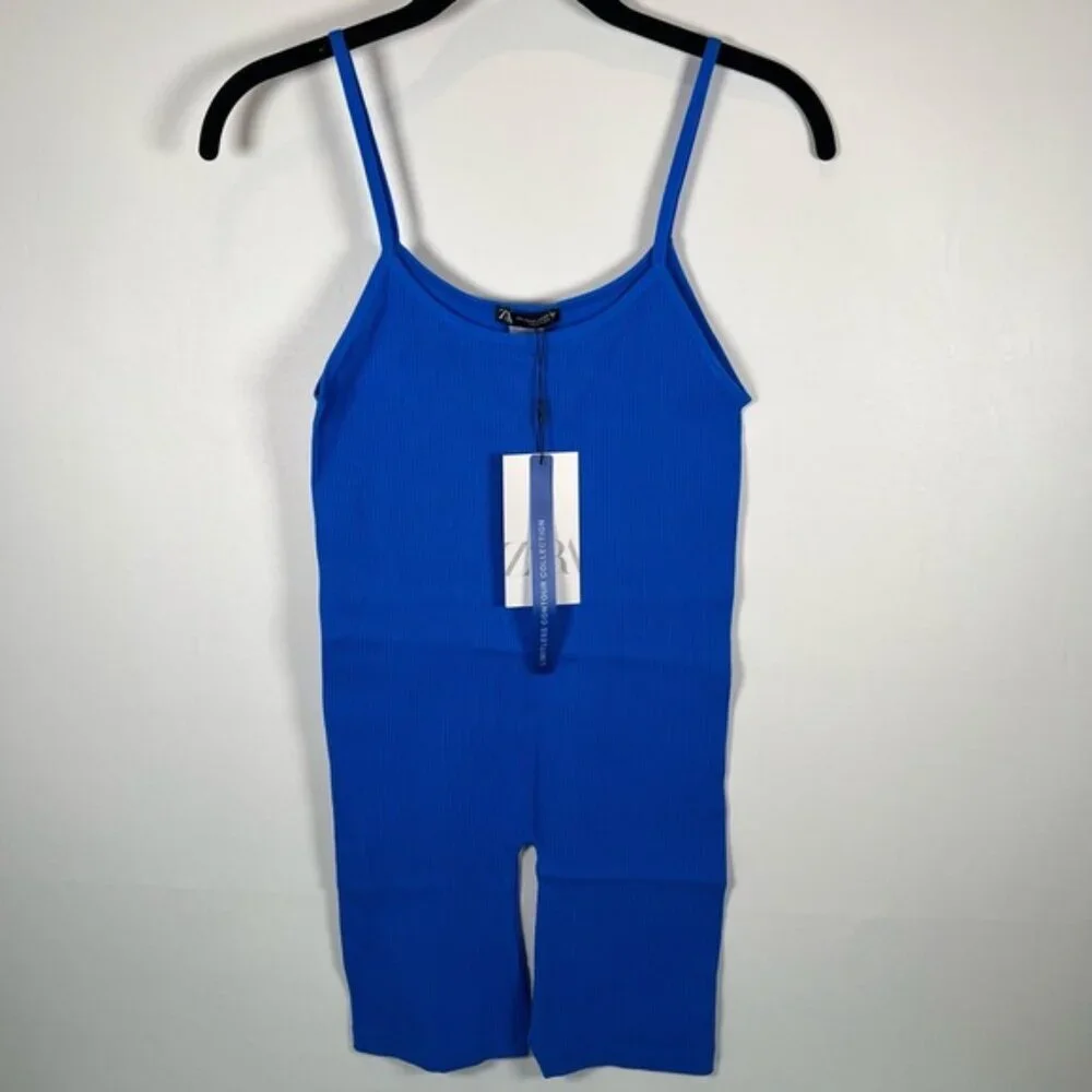 NWT ZARA Ribbed Pull on Stretch Blue Striped Romper Scoop Neck Sleeveless Sz M-L